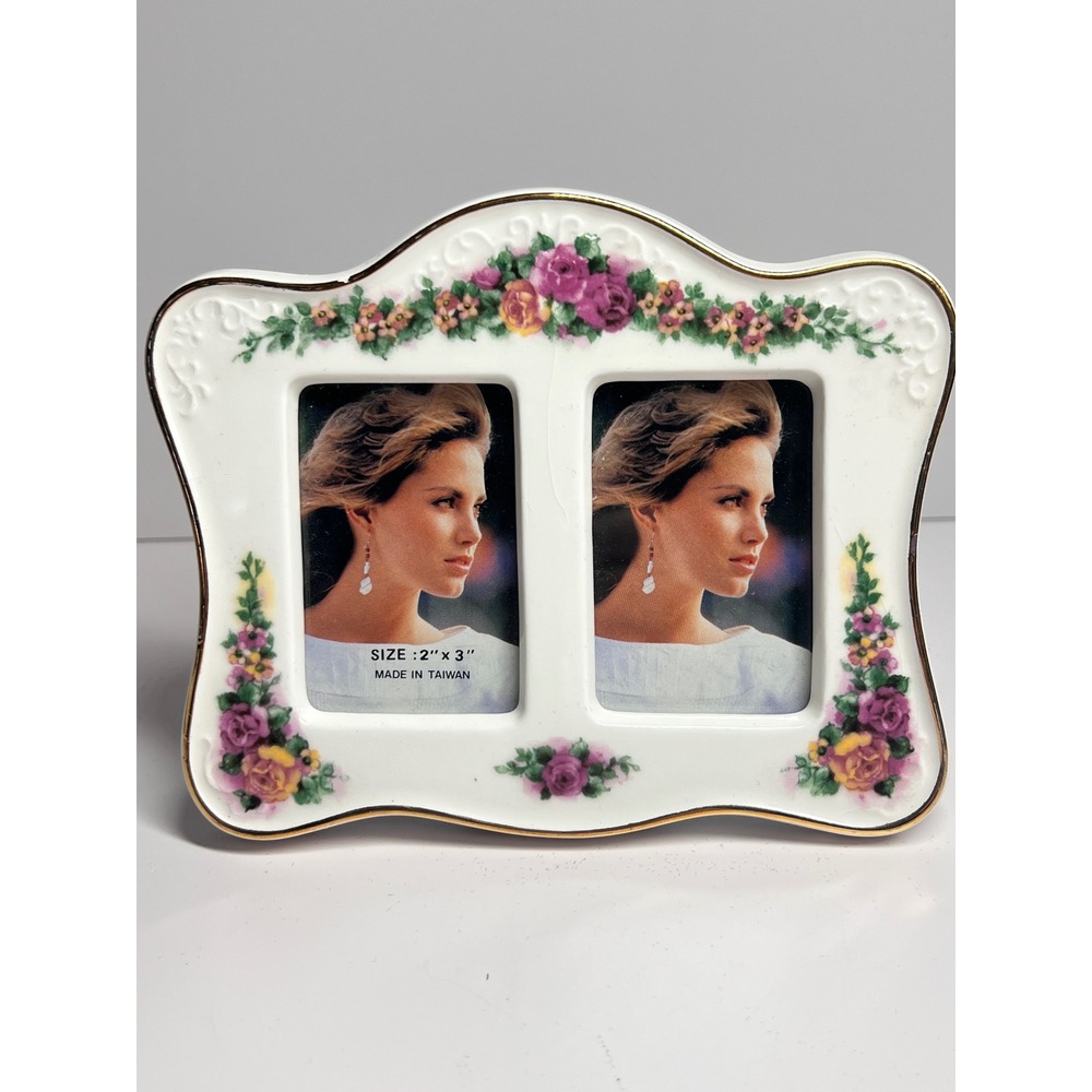 Vintage Porcelain Double Picture Frame Floral Rose Gold Trim 2x3 Tabletop Easel
